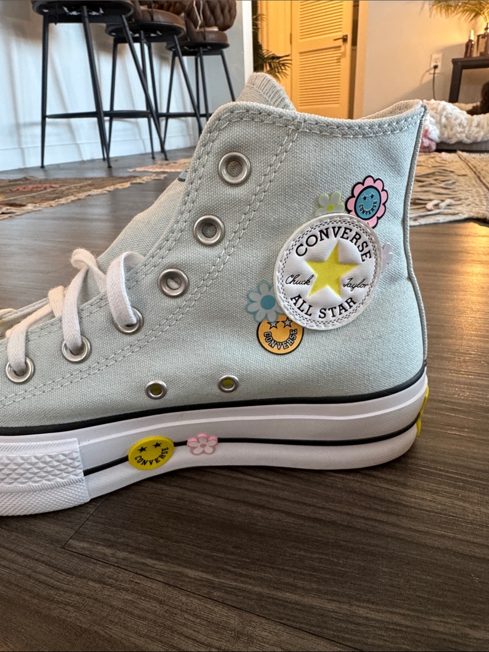 Converse High Top Sneakers in Mint with Multicolor Flower Charms - Picture 5 of 11